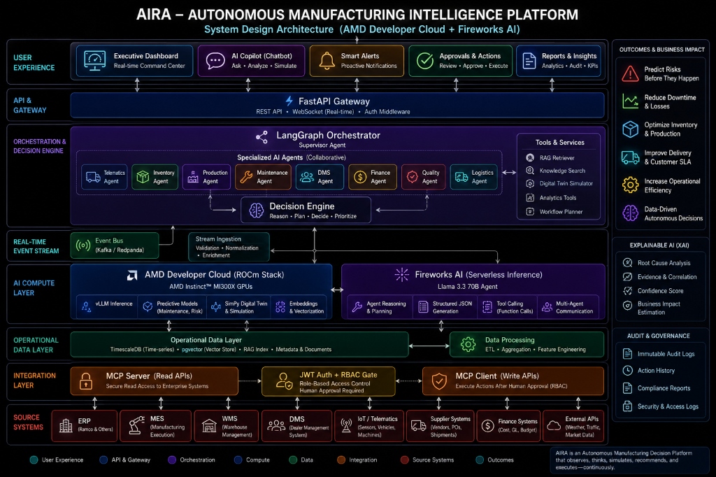 AIRA System Architecture — 7-Layer Autonomous Manufacturing Decision Platform